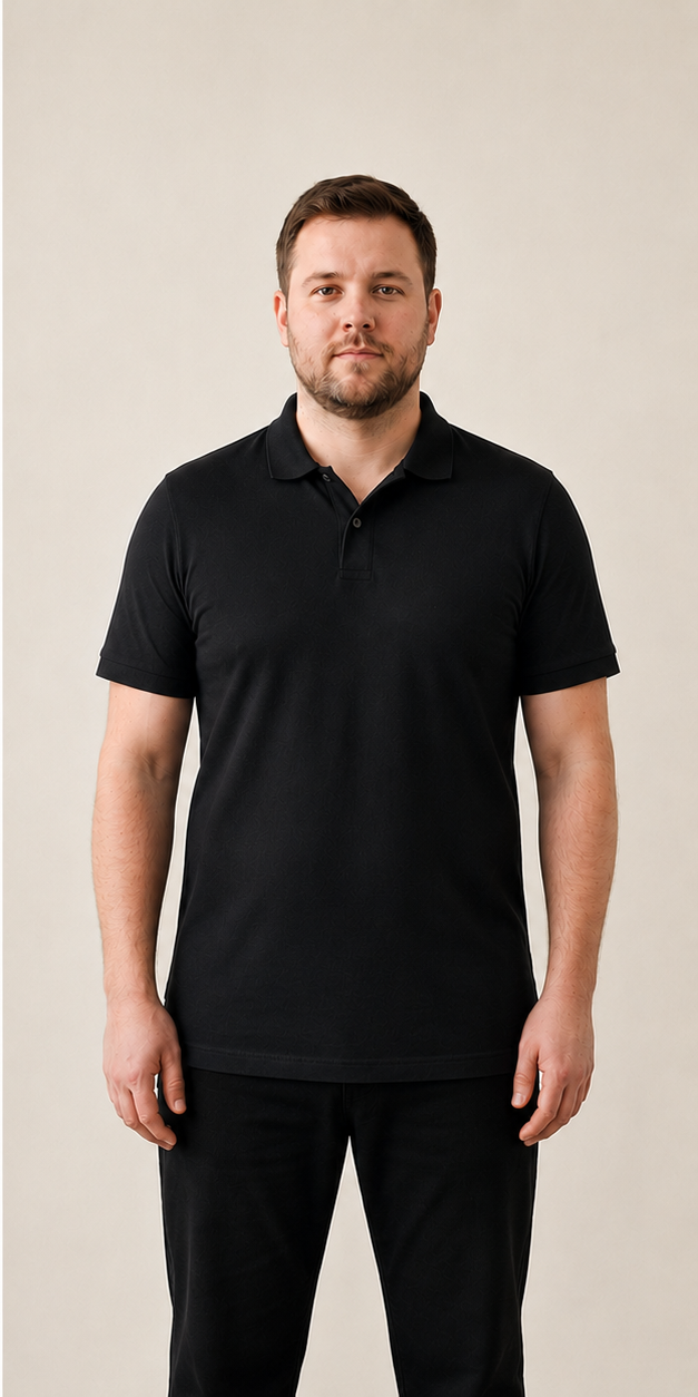 Same man in a fitted black polo