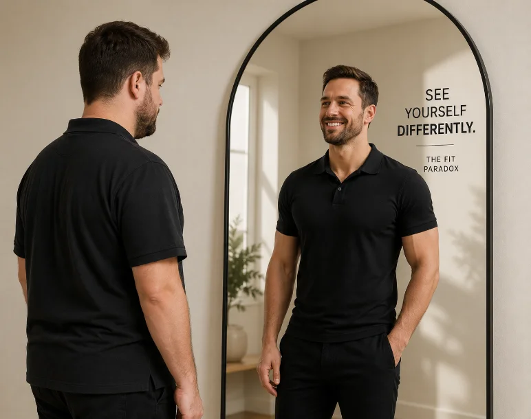 Man in a black polo looking into an arched mirror