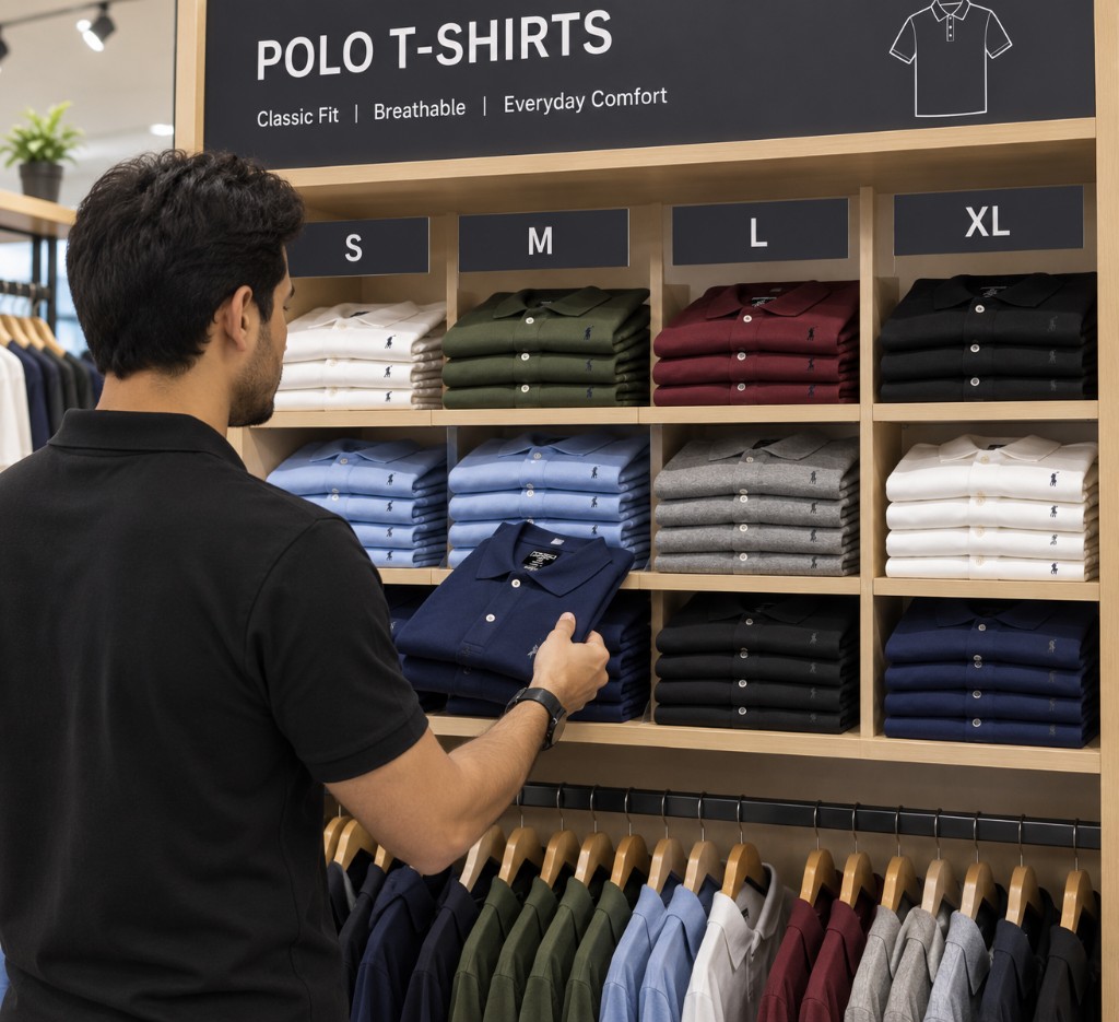 Choosing a polo from S M L XL shelves in a store